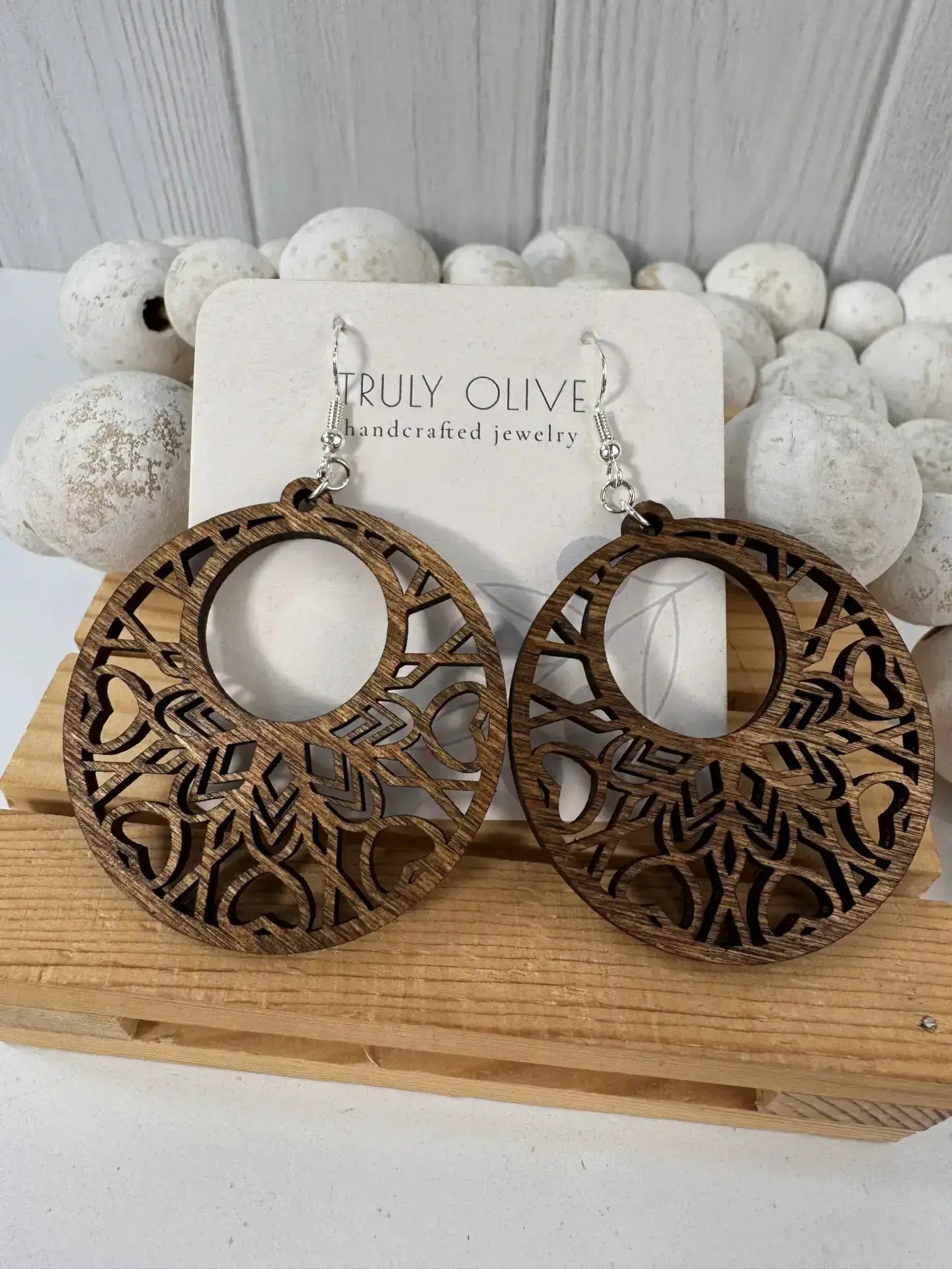 Truly Olive Boho Mandala Wooden Earrings - Earrings Dangle Earrings
