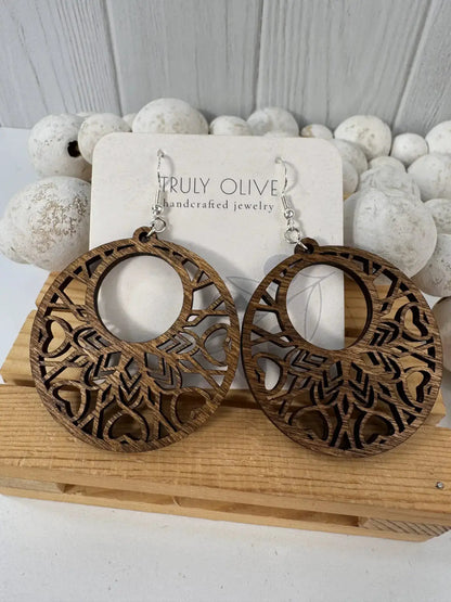 Truly Olive Boho Mandala Wooden Earrings - Earrings Dangle Earrings