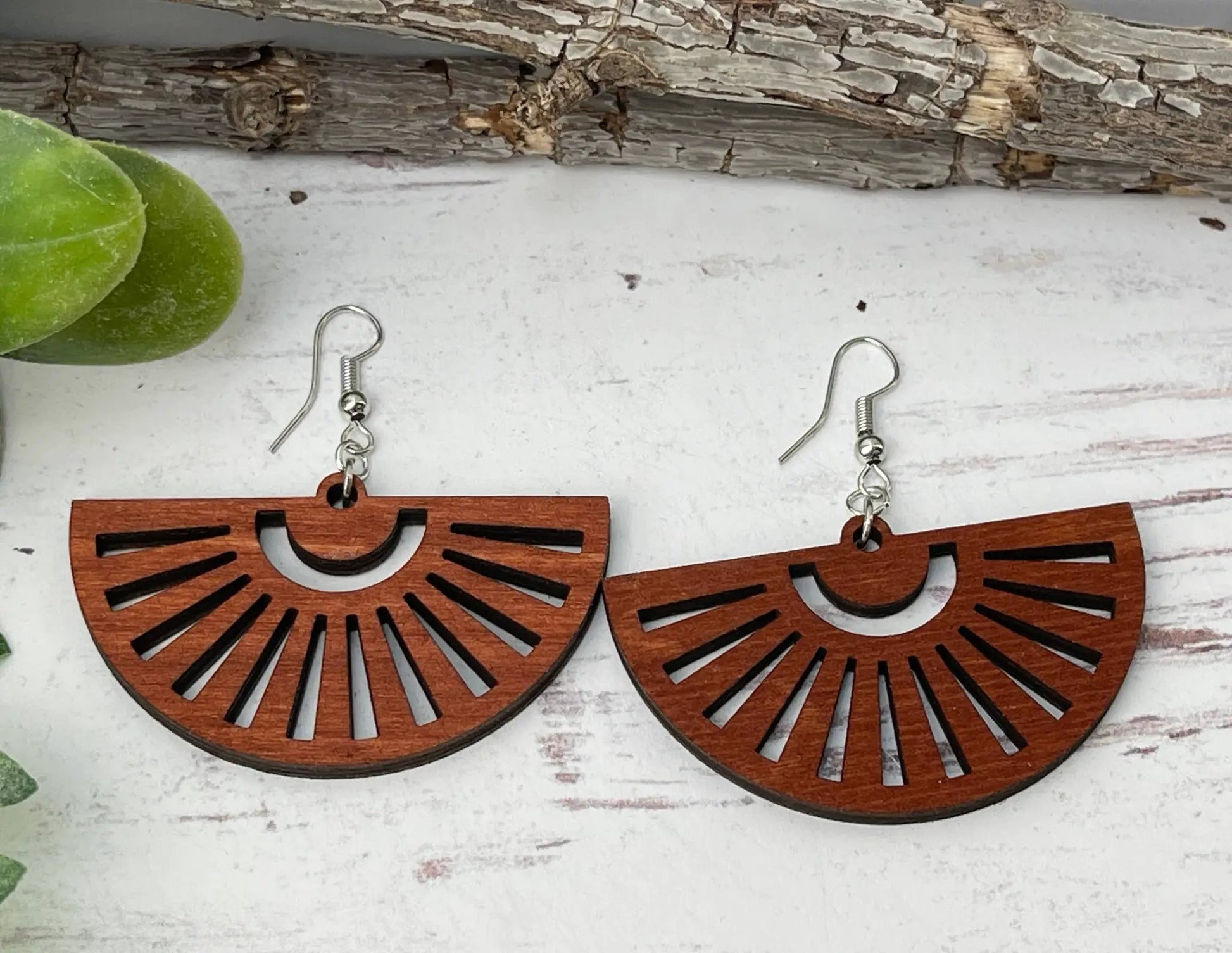 Truly Olive Fan Shape Wood Earrings - Earrings Dangle Earrings