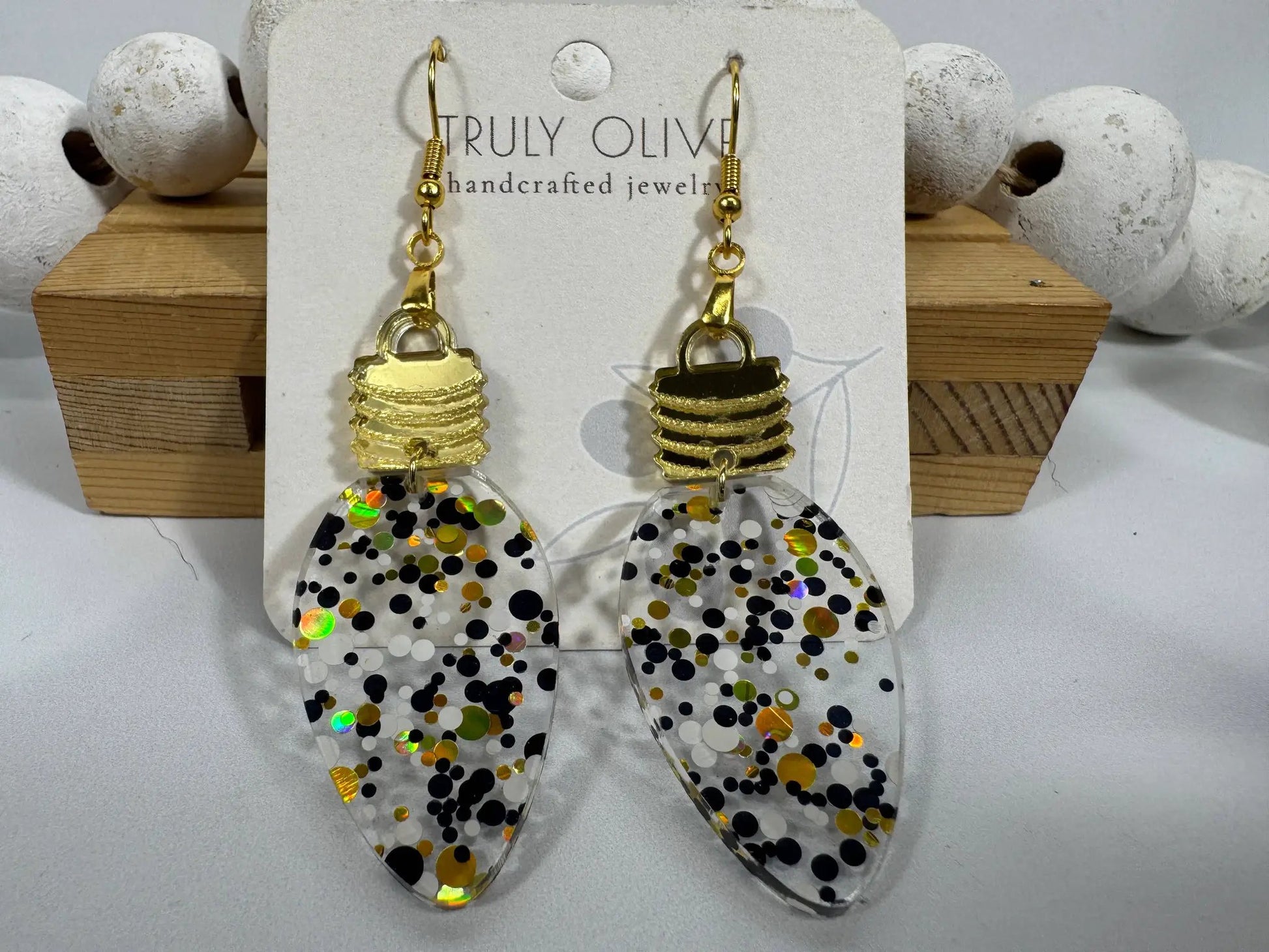 Truly Olive Cute Gold Black and White Christmas Lightbulb Earrings - Earrings Dangle Earrings