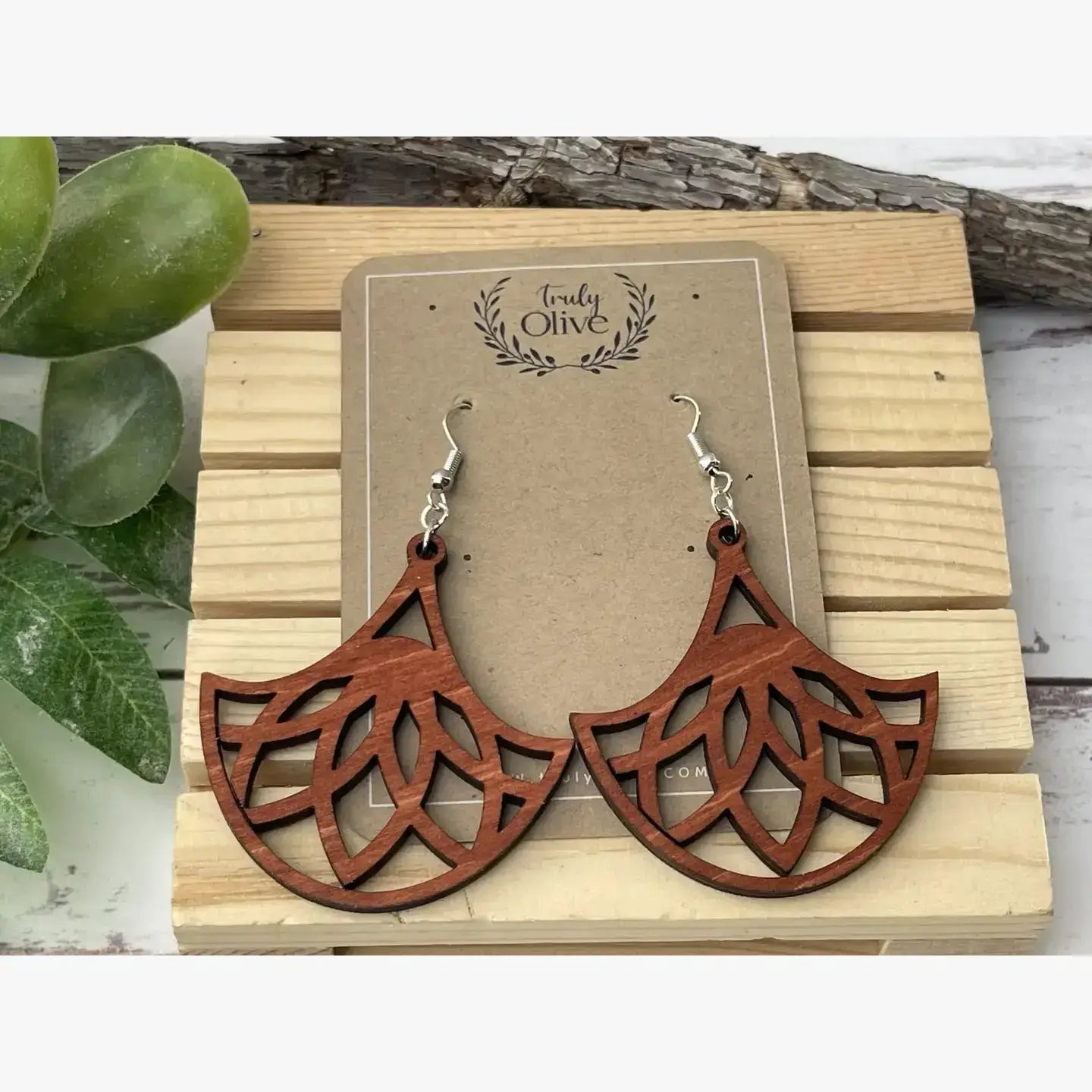 Truly Olive Fan Shape Lightweight Wood Earrings - Earrings Dangle Earrings