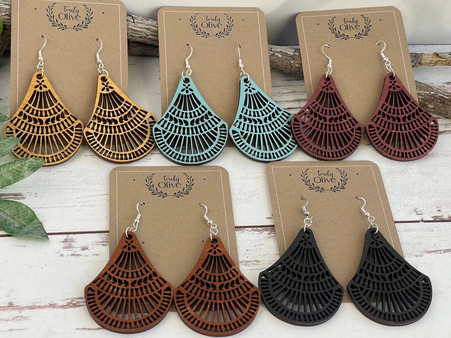Truly Olive Elegant Shapely Wood Earrings - Earrings Dangle Earrings