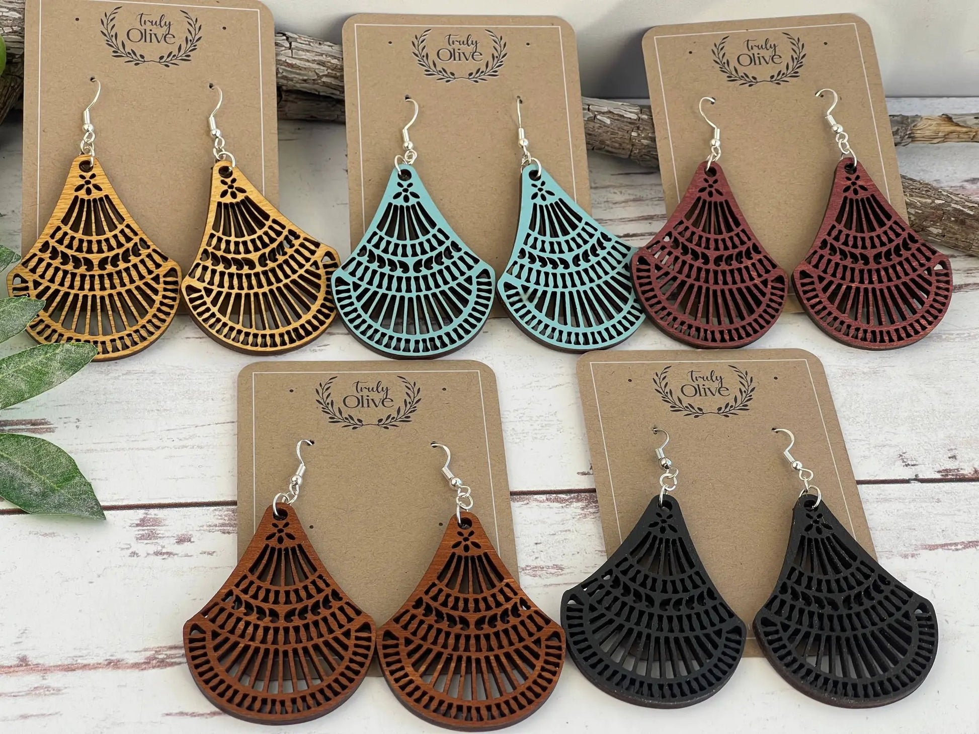 Truly Olive Elegant Shapely Wood Earrings - Earrings Dangle Earrings