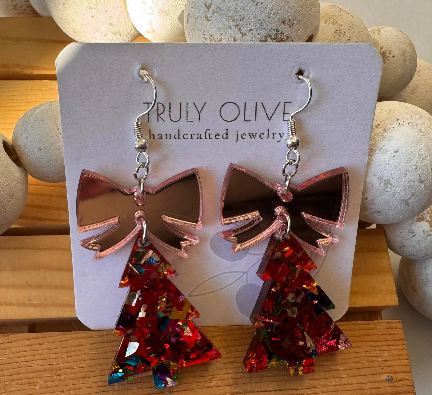 Truly Olive Glitter Christmas Trees With Rose Gold Bow - Earrings Dangle Earrings