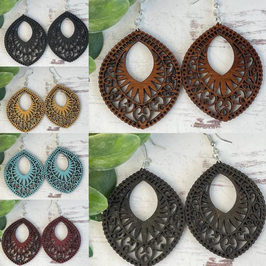 Truly Olive Lightweight Oval Wood Mandala Earrings - Earrings Dangle Earrings