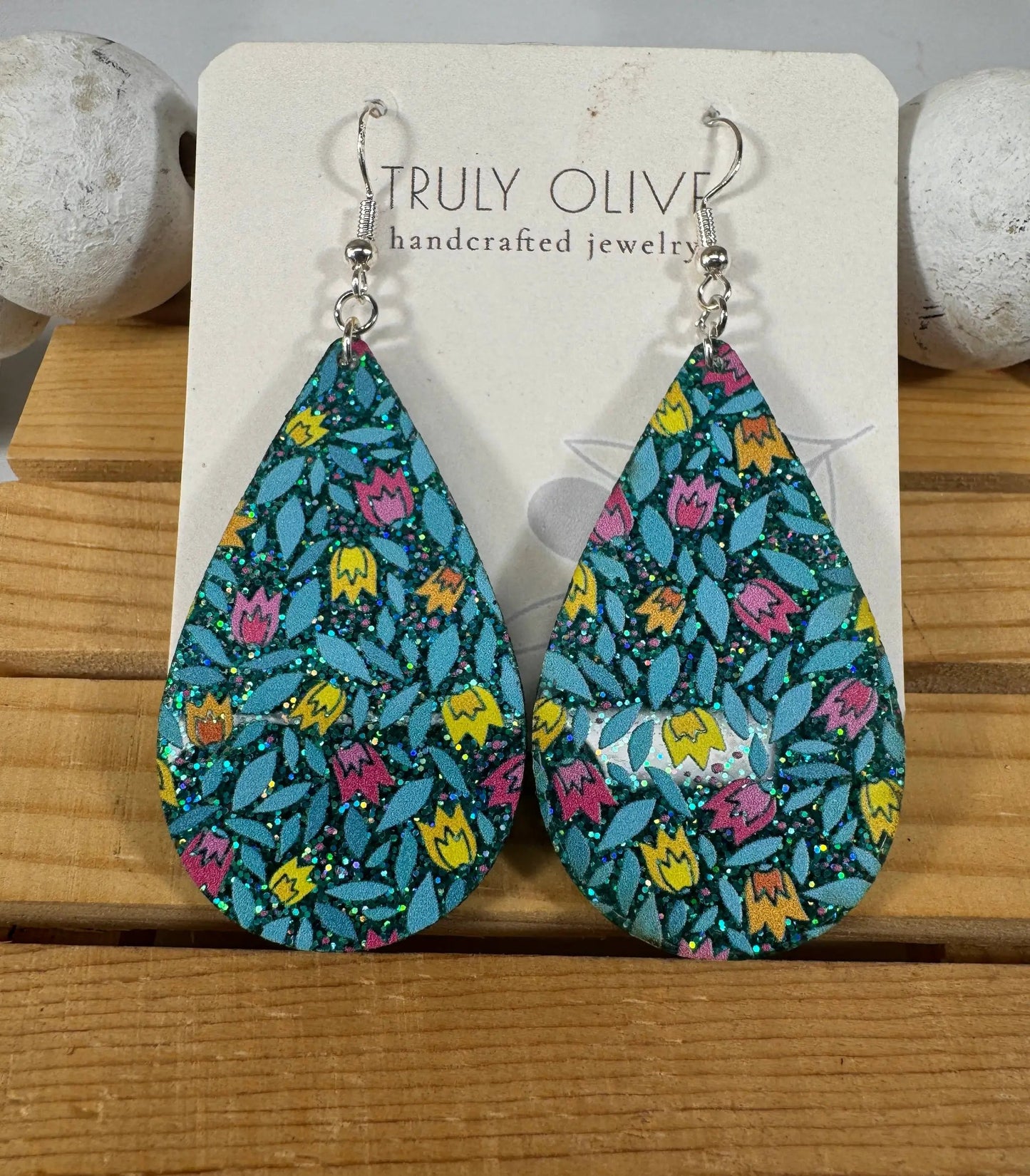 Truly Olive Blue Sparkle Flower Pattern Acrylic Earrings - Earrings Dangle Earrings