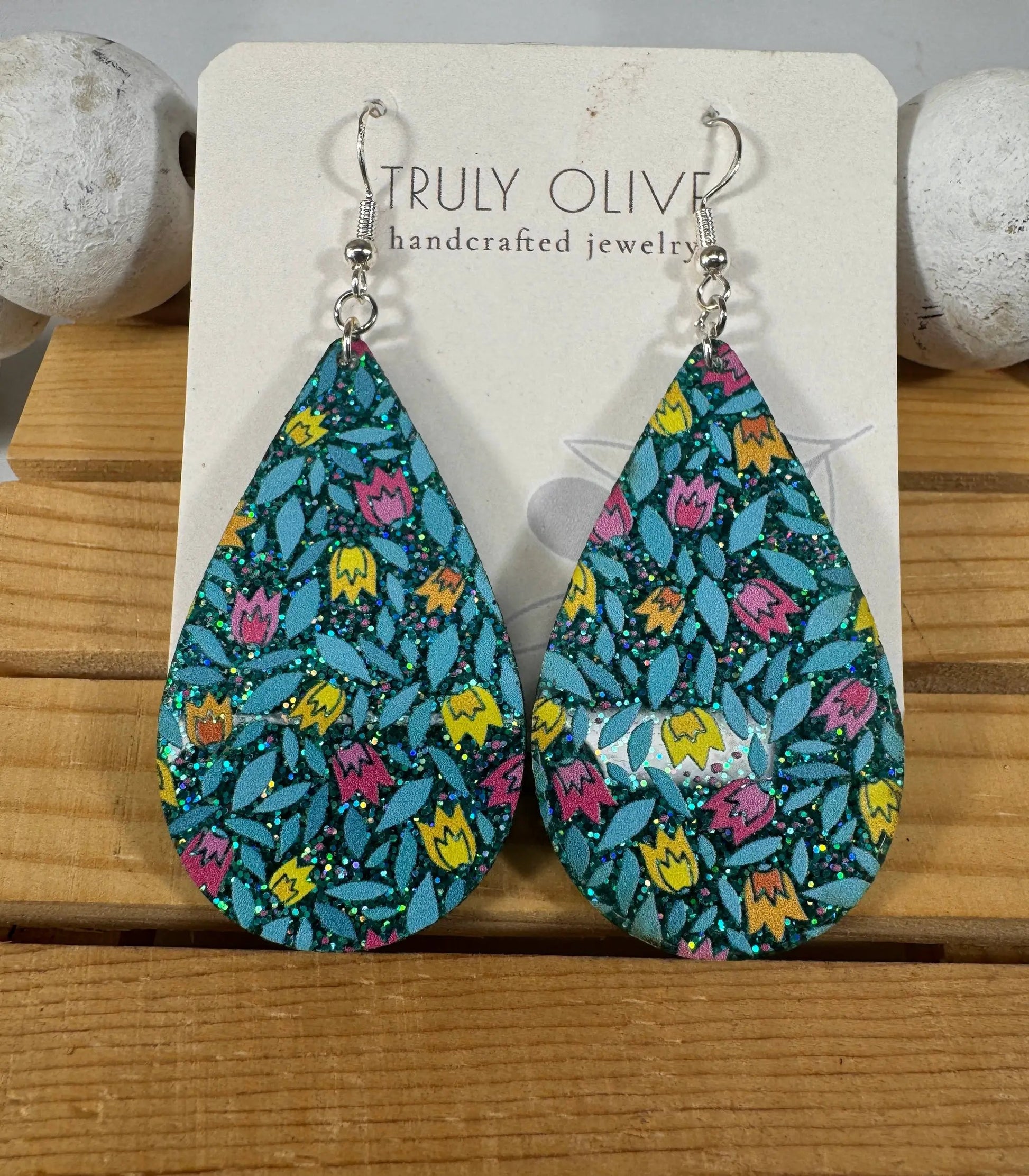 Truly Olive Blue Sparkle Flower Pattern Acrylic Earrings - Earrings Dangle Earrings