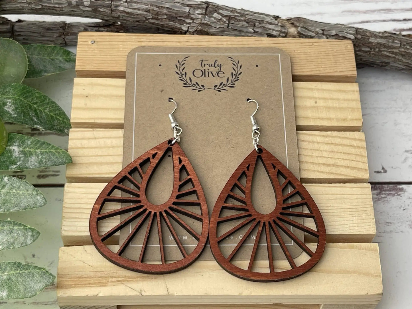 Truly Olive Teardrop Wood Mandala Earrings in a Unique Fanned Out Shape - Earrings Dangle Earrings