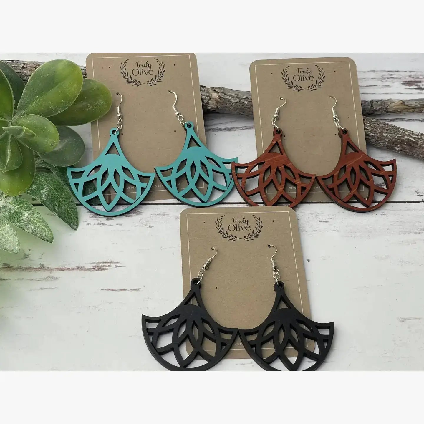 Truly Olive Fan Shape Lightweight Wood Earrings - Earrings Dangle Earrings
