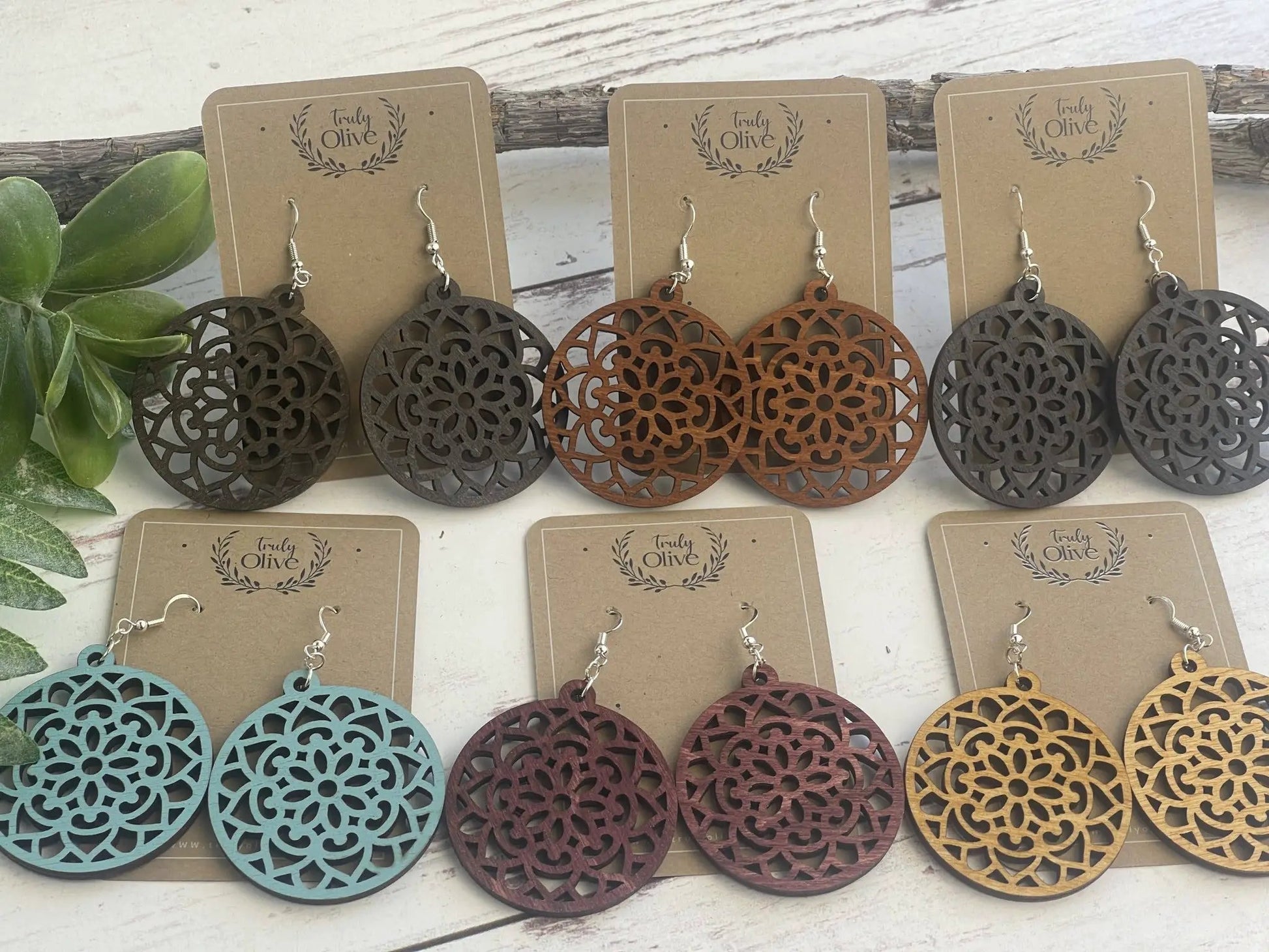 Truly Olive Wood Mandela Circle Shape Lightweight Earrings - Earrings Dangle Earrings