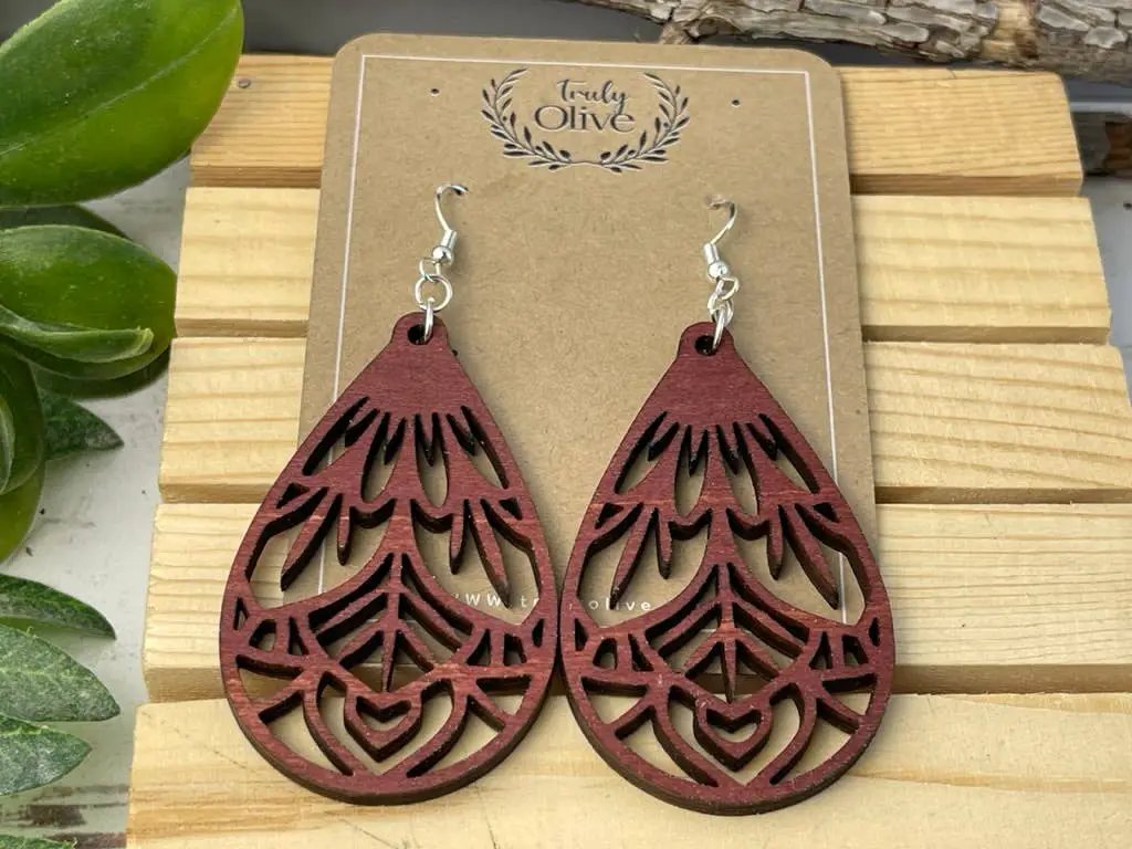 Truly Olive Vintage Wood Mandala Earrings Teardrops - Earrings Dangle Earrings