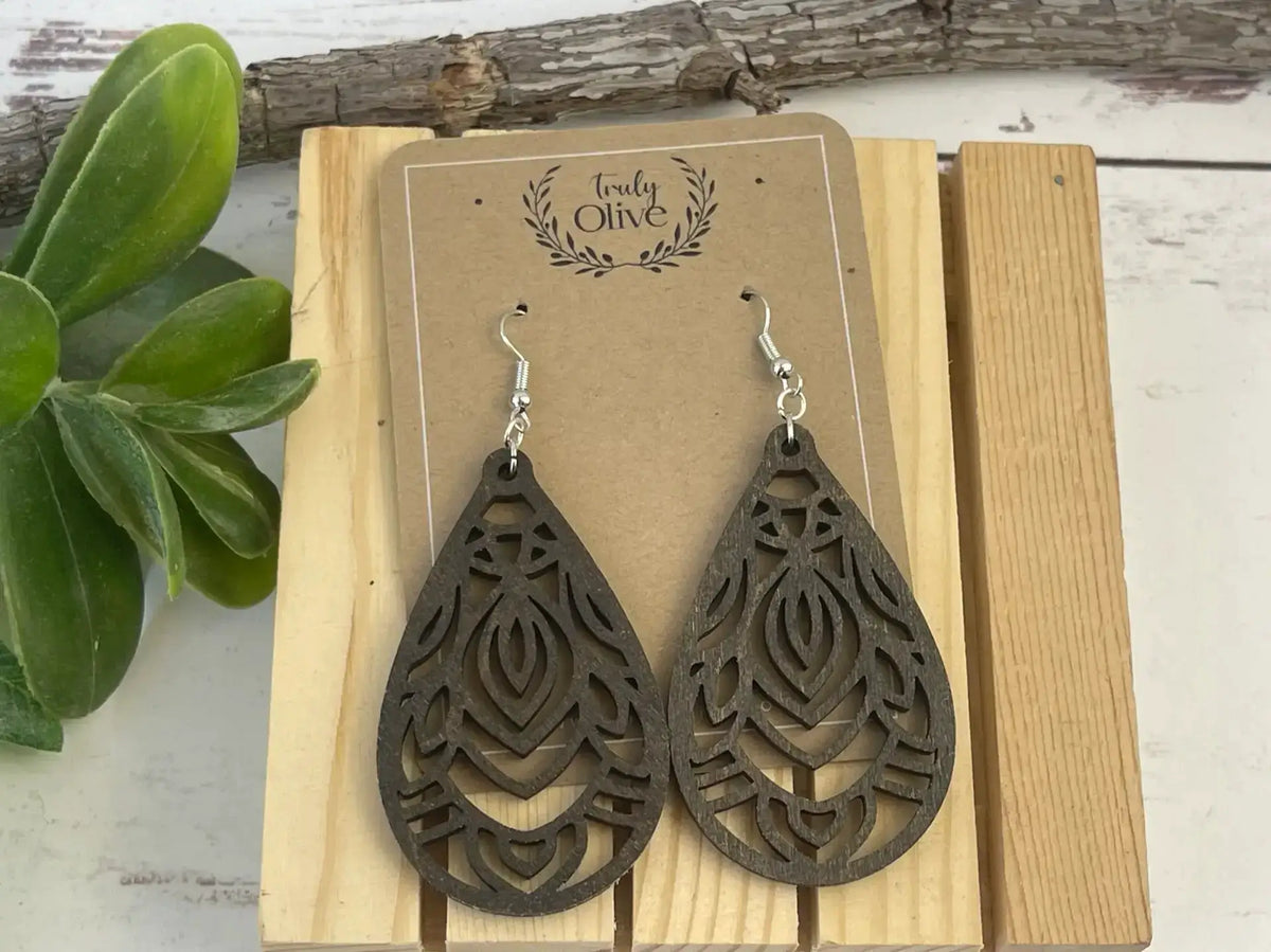 Truly Olive Mandala Wood Earrings - Earrings Dangle Earrings