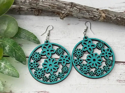 Truly Olive Groovy Flower Pattern Wood Earrings - Earrings Dangle Earrings