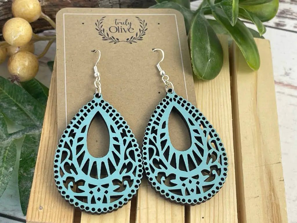 Truly Olive Teardrop Shape Wood Mandala Earrings - Earrings Dangle Earrings