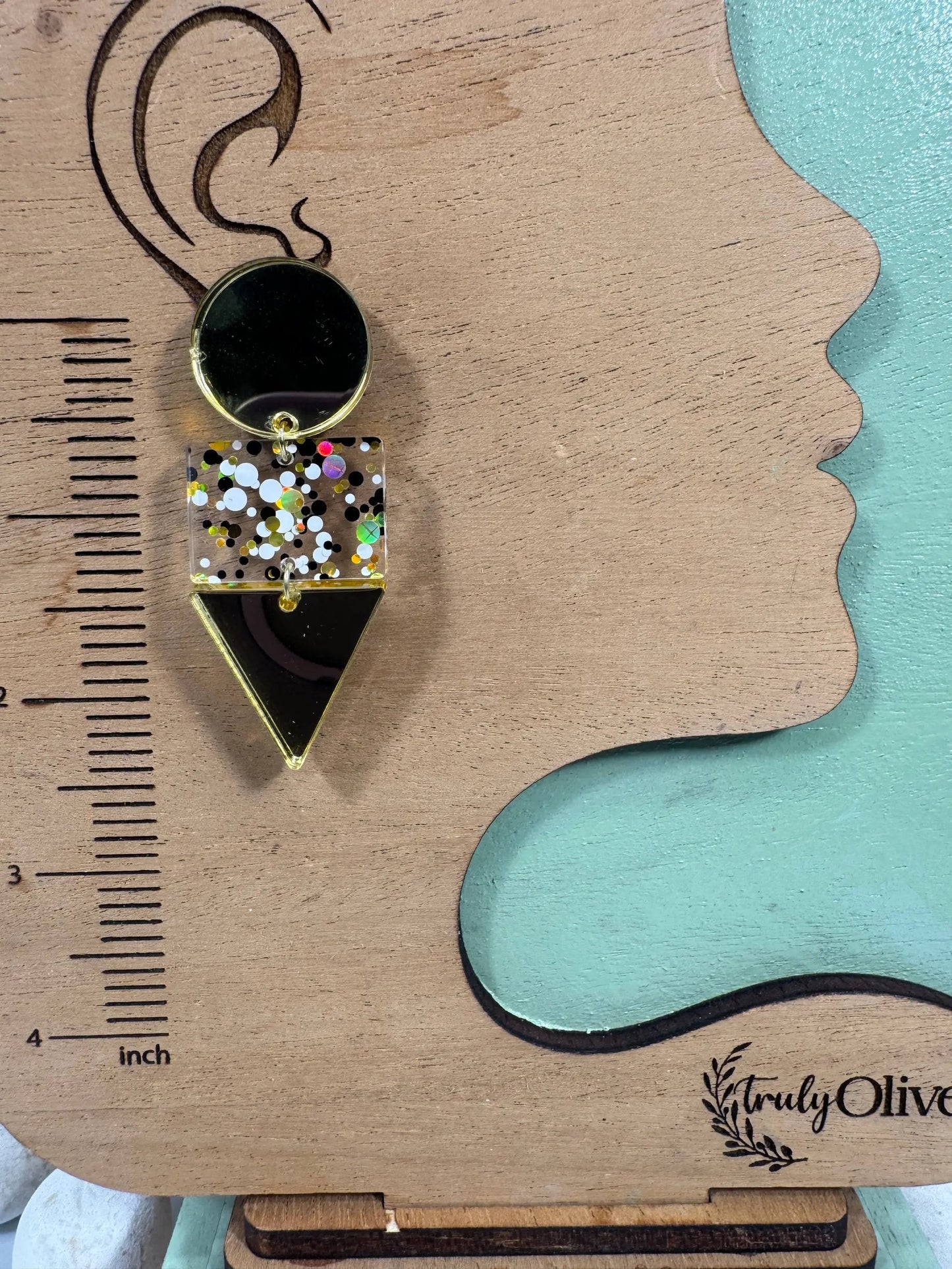 Truly Olive Gold and Black Glass Acrylic Holiday Earrings - Earrings Dangle Earrings
