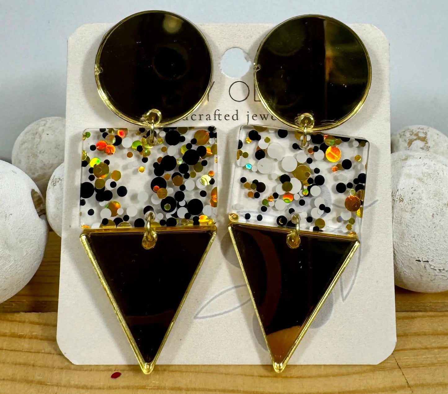 Truly Olive Gold Black and White Glitter Confetti Acrylic Earrings - Earrings Dangle Earrings