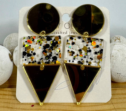 Truly Olive Gold Black and White Glitter Confetti Acrylic Earrings - Earrings Dangle Earrings