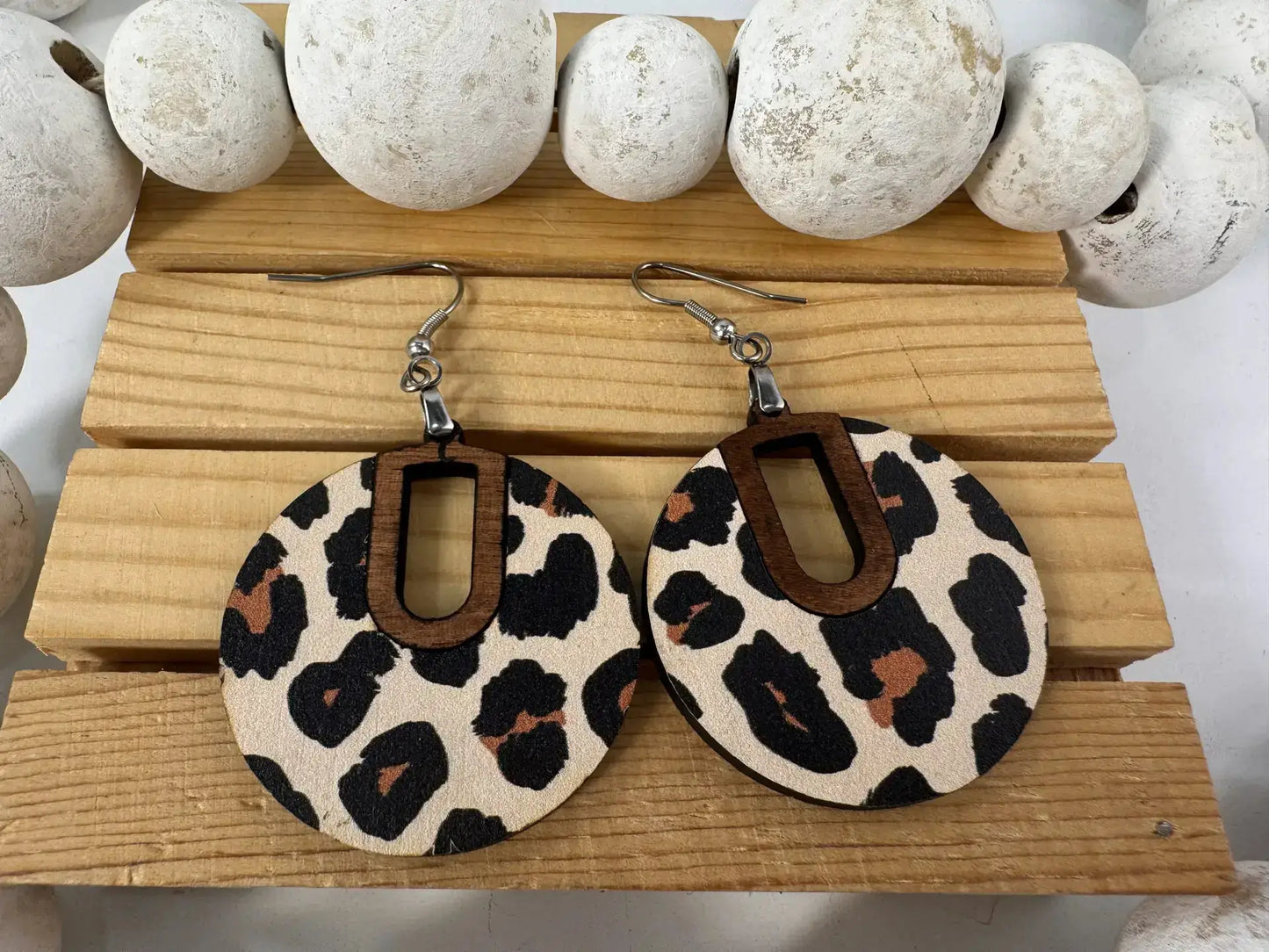 Truly Olive Leopard Pattern Wood Earrings - Earrings Dangle Earrings