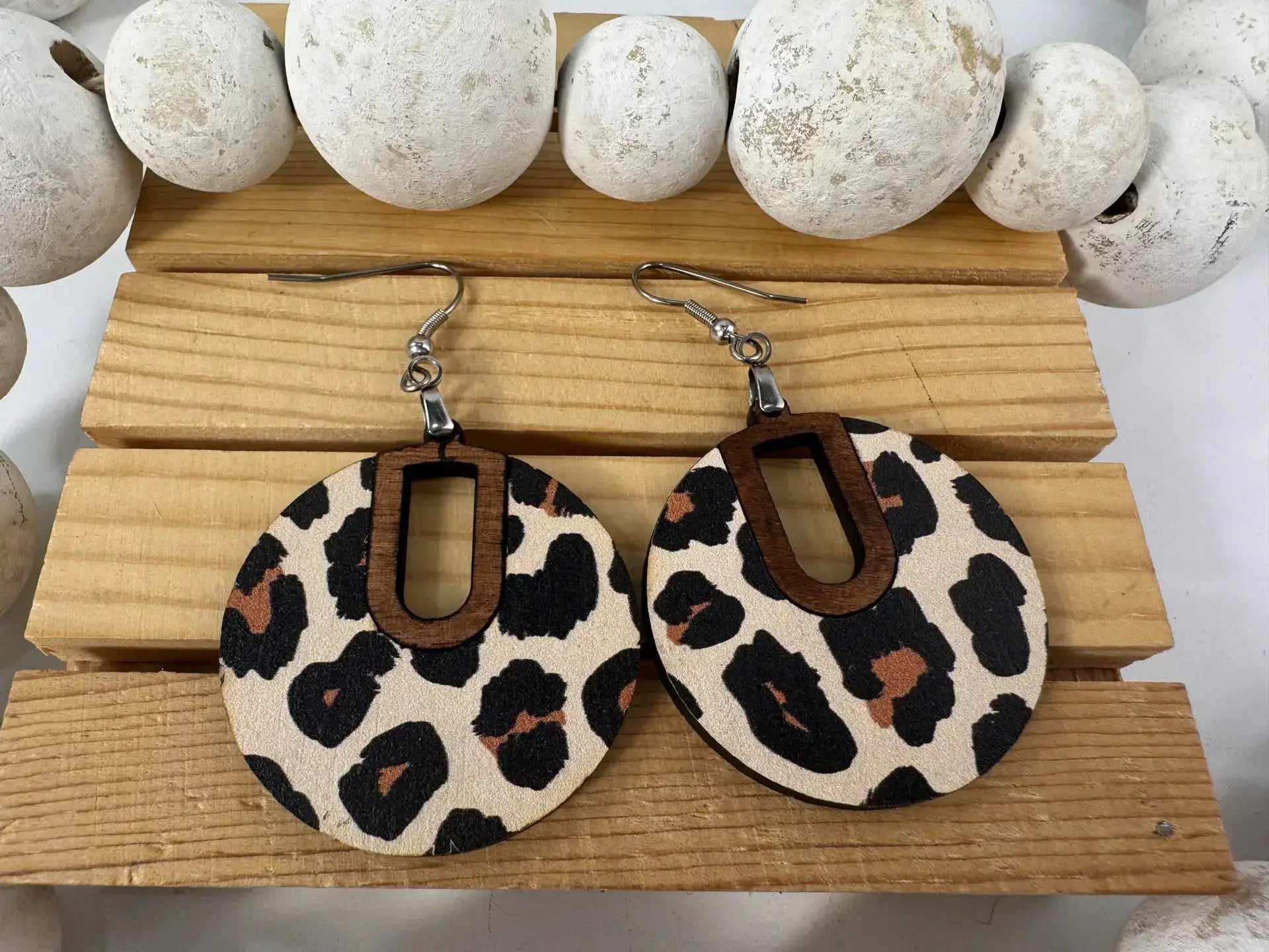 Truly Olive Leopard Pattern Wood Earrings - Earrings Dangle Earrings