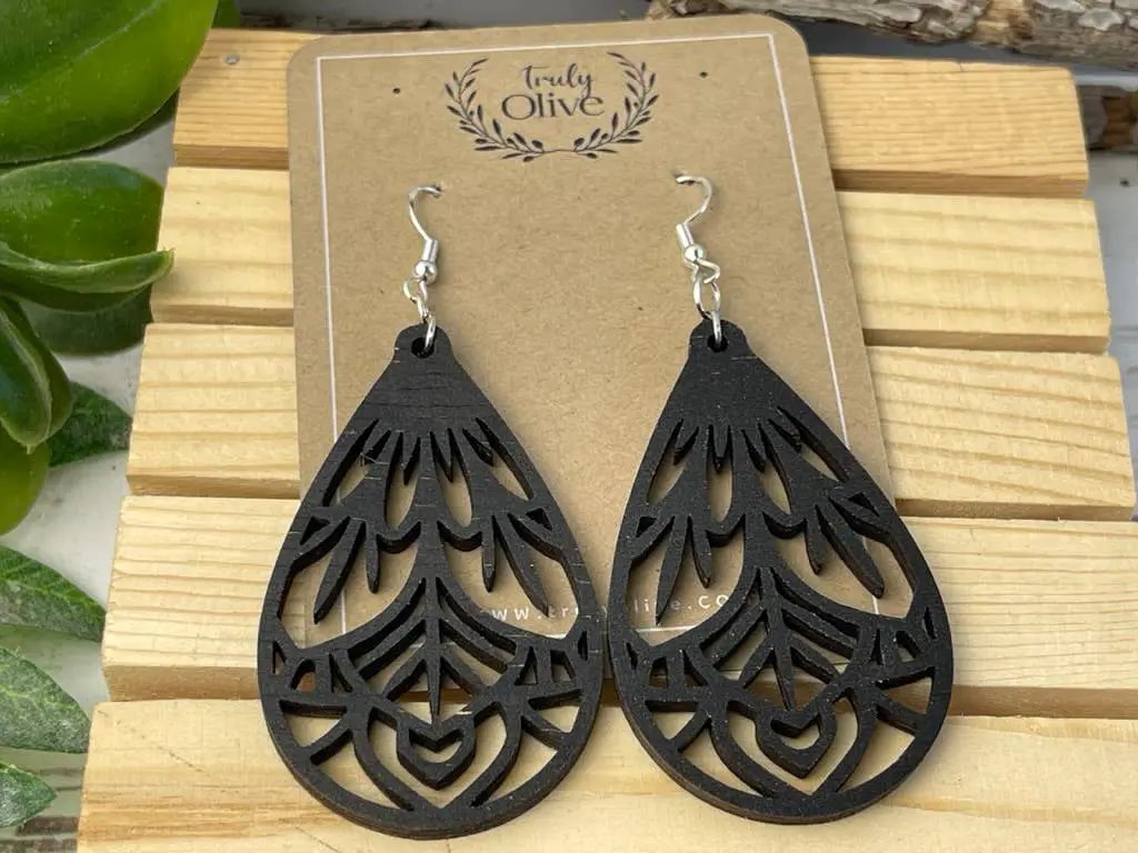 Truly Olive Vintage Wood Mandala Earrings Teardrops - Earrings Dangle Earrings