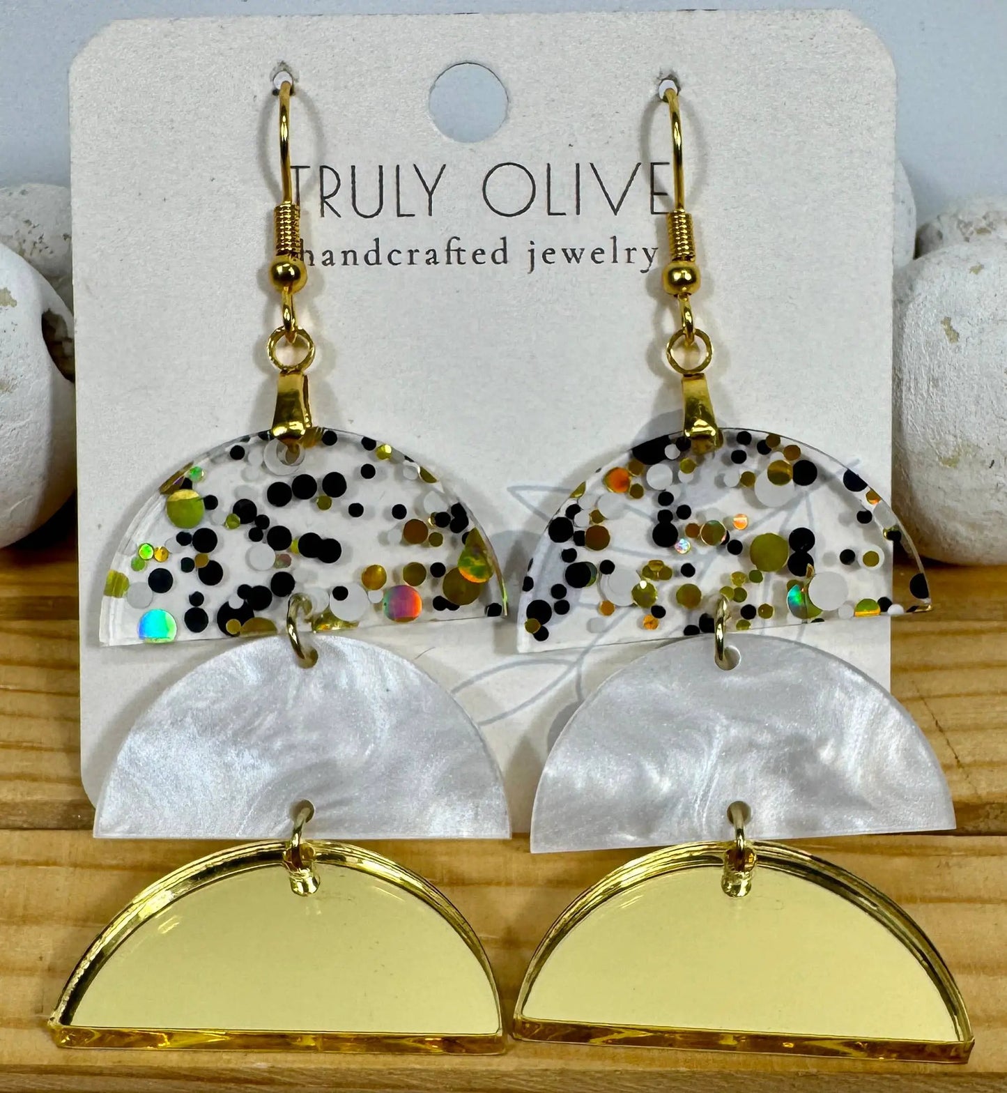 Truly Olive Gold and Black Glass Acrylic Holiday Earrings - Earrings Dangle Earrings
