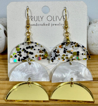 Truly Olive Gold and Black Glass Acrylic Holiday Earrings - Earrings Dangle Earrings