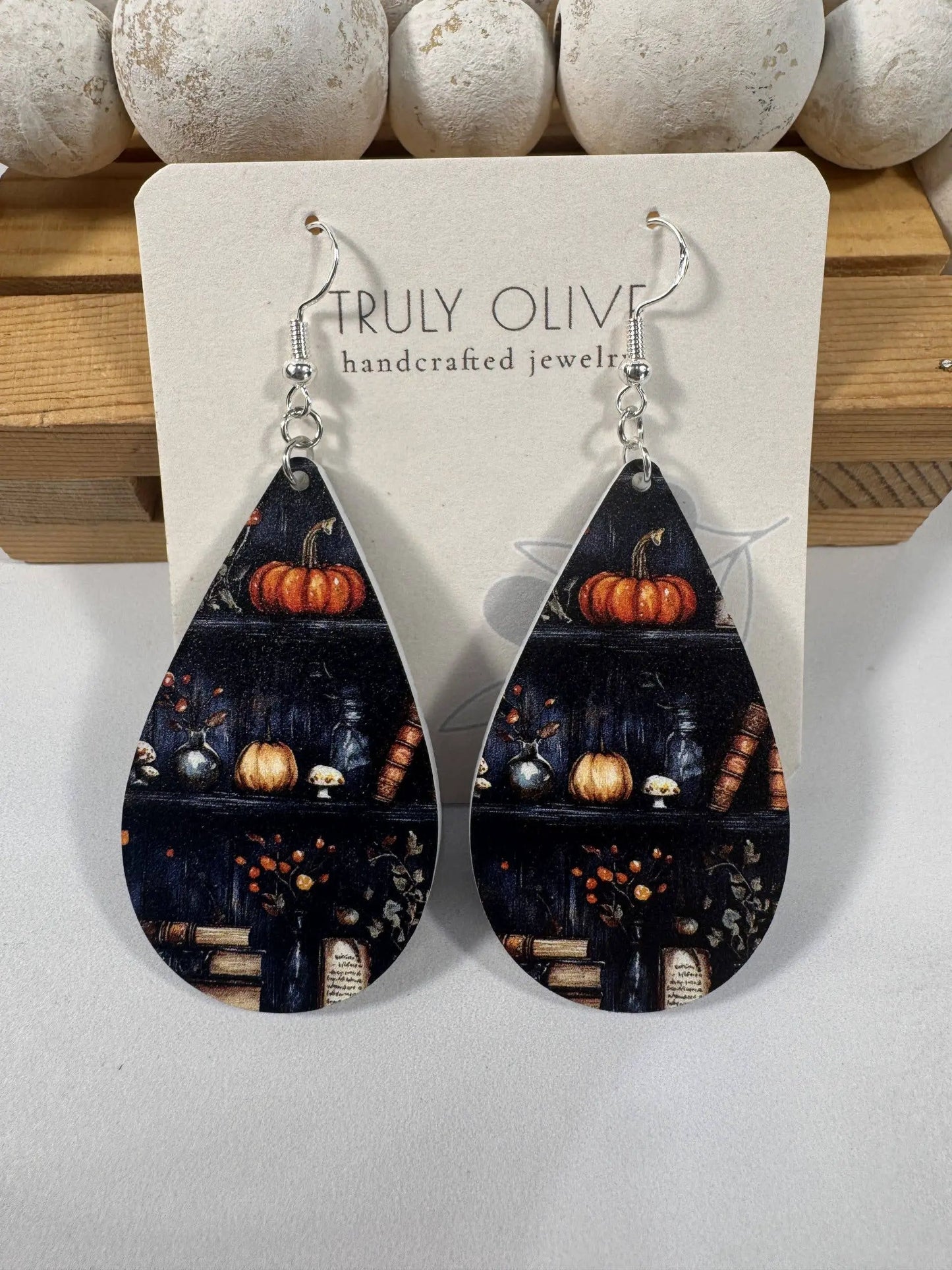 Truly Olive Fall Pumpkin Bookshelves - Earrings Dangle Earrings