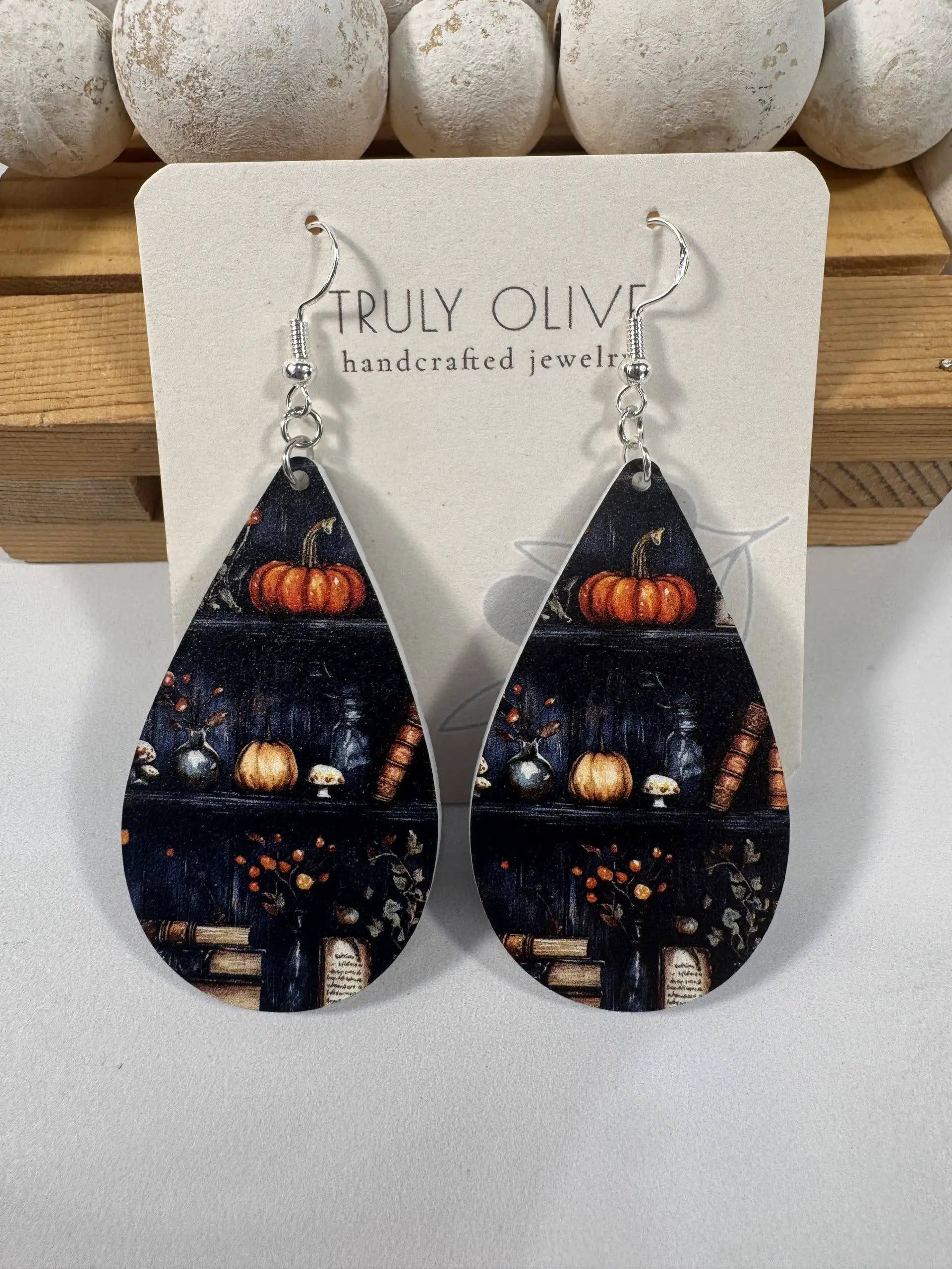 Truly Olive Fall Pumpkin Bookshelves - Earrings Dangle Earrings