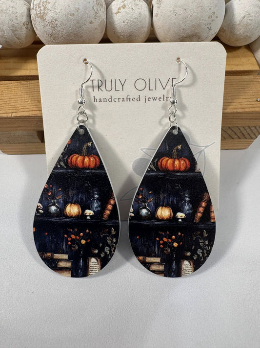 Truly Olive Fall Pumpkin Bookshelves - Earrings Dangle Earrings