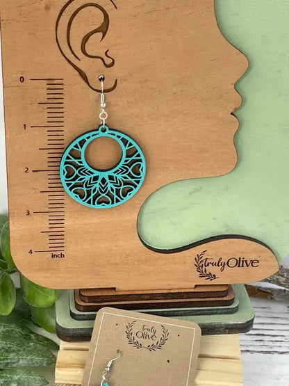 Truly Olive Boho Mandala Wooden Earrings - Earrings Dangle Earrings