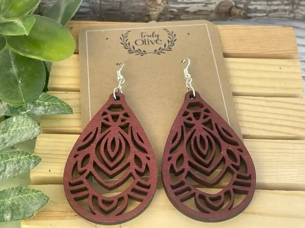 Truly Olive Mandala Wood Earrings - Earrings Dangle Earrings