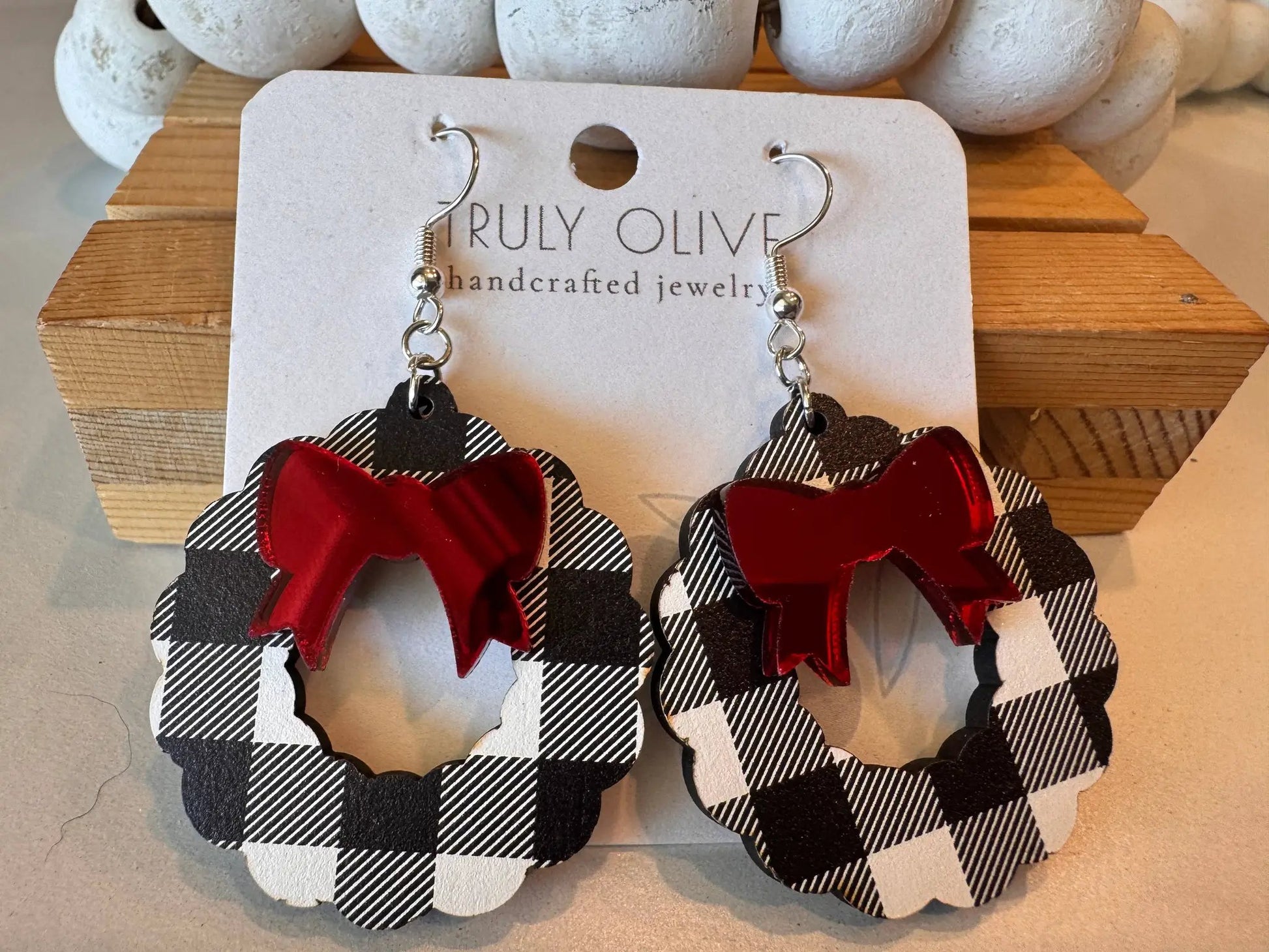 Truly Olive Black and White Buffalo Plaid Christmas Wreath Earrings - Earrings Dangle Earrings