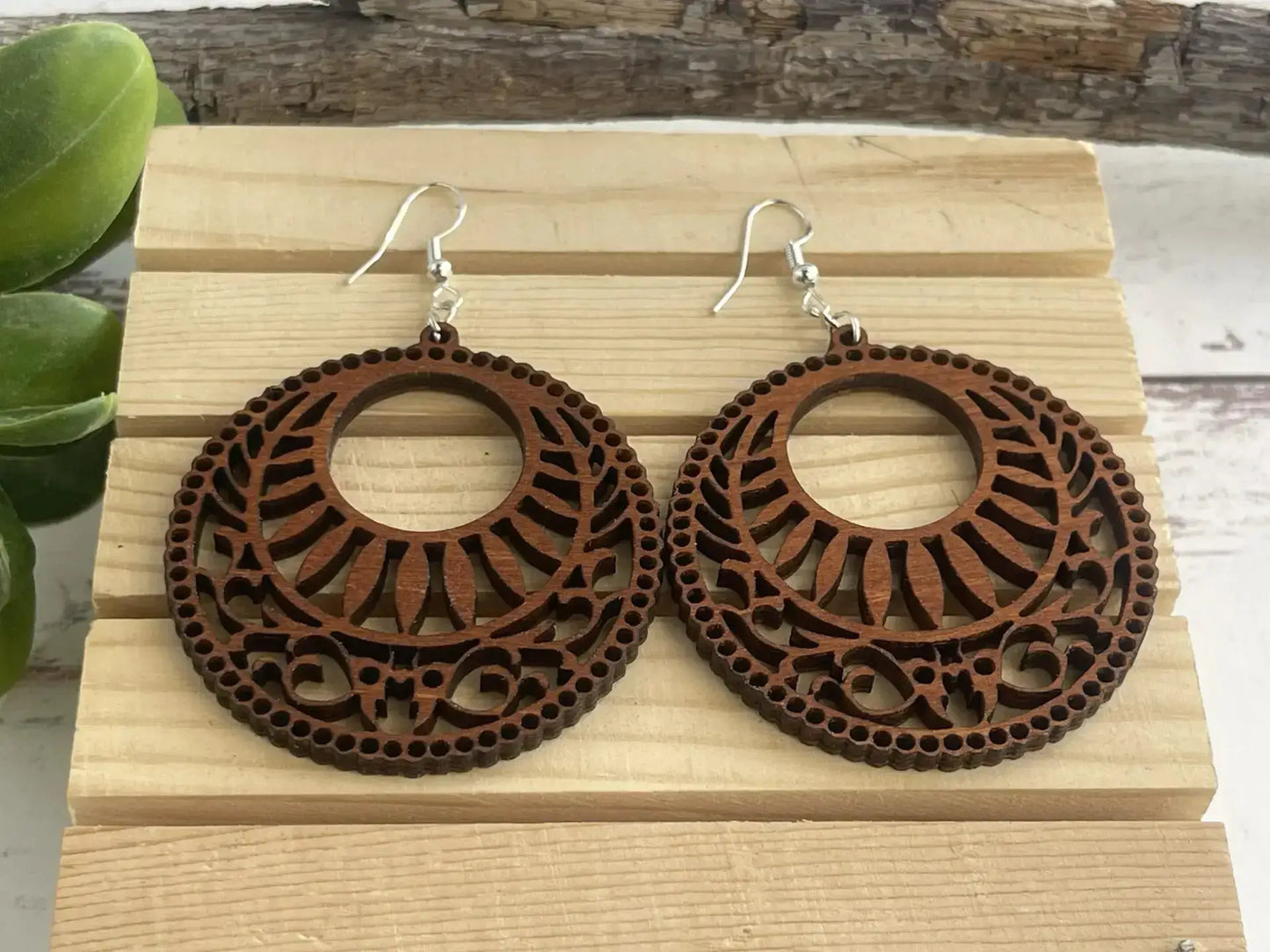 Truly Olive Lightweight Circle Wood Mandala Earrings - Earrings Dangle Earrings