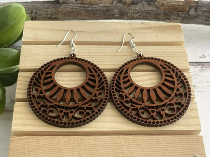 Truly Olive Lightweight Circle Wood Mandala Earrings - Earrings Dangle Earrings