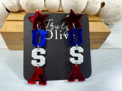 Truly Olive Patriotic Lettered USA Earring Dangles - Earrings Dangle Earrings