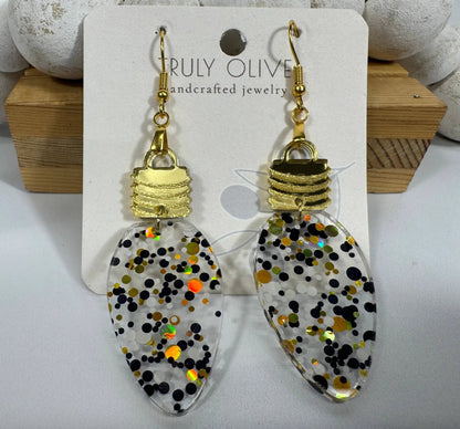 Truly Olive Cute Gold Black and White Christmas Lightbulb Earrings - Earrings Dangle Earrings