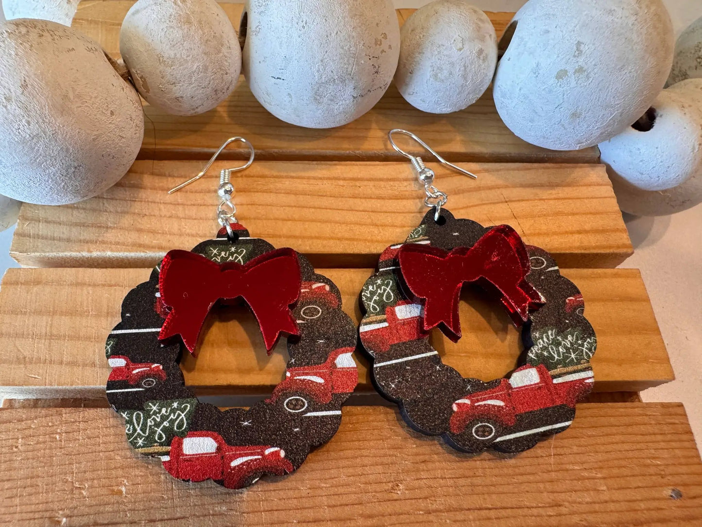 Truly Olive Vintage Red Christmas Truck Wreath Earrings - Earrings Dangle Earrings
