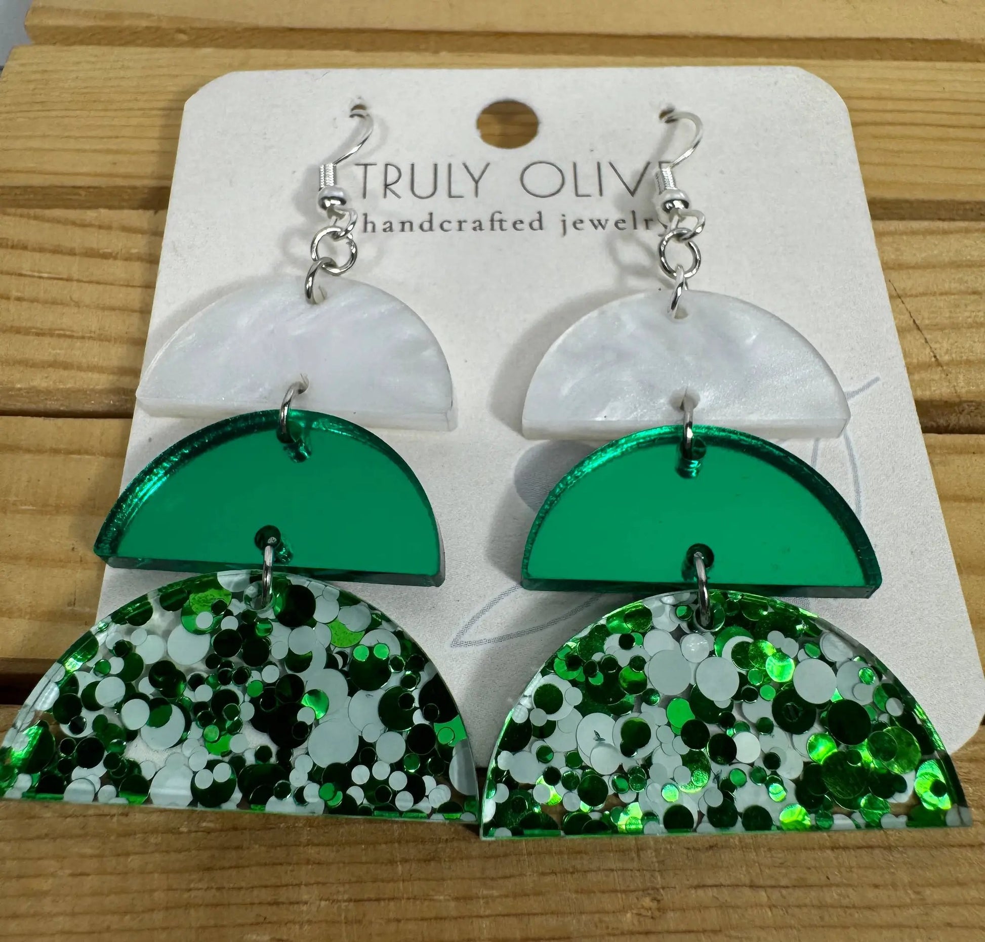 Truly Olive Green and White Sparkly Acrylic Christmas Earrings - Earrings Dangle Earrings