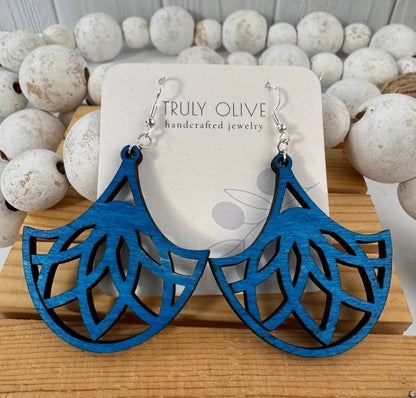 Truly Olive Fan Shape Lightweight Wood Earrings - Earrings Dangle Earrings