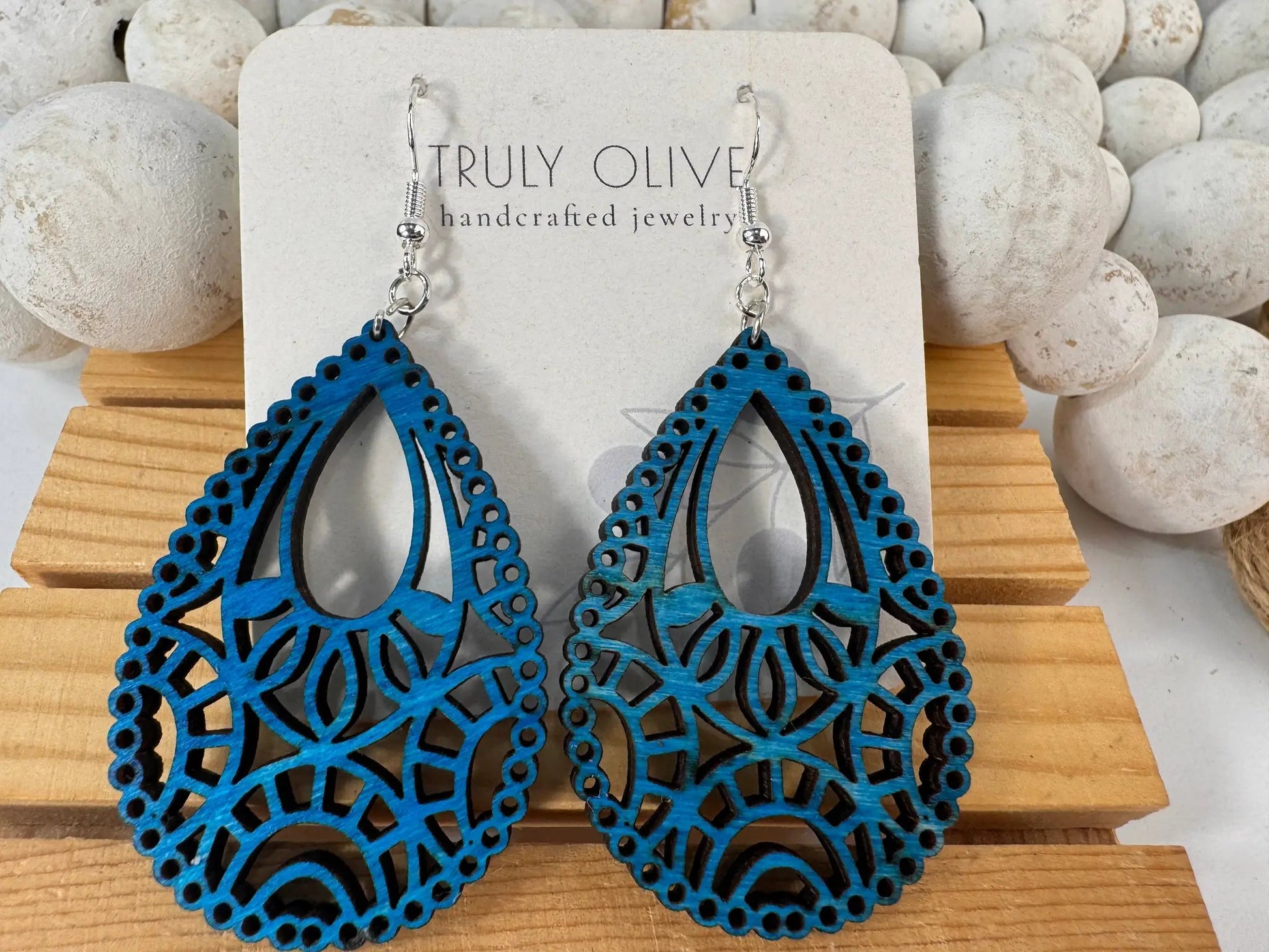 Truly Olive Stunning Wood Mandala Earrings in a Unique Teardrop Shape - Earrings Dangle Earrings
