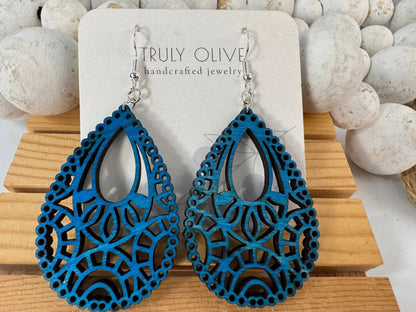 Truly Olive Stunning Wood Mandala Earrings in a Unique Teardrop Shape - Earrings Dangle Earrings