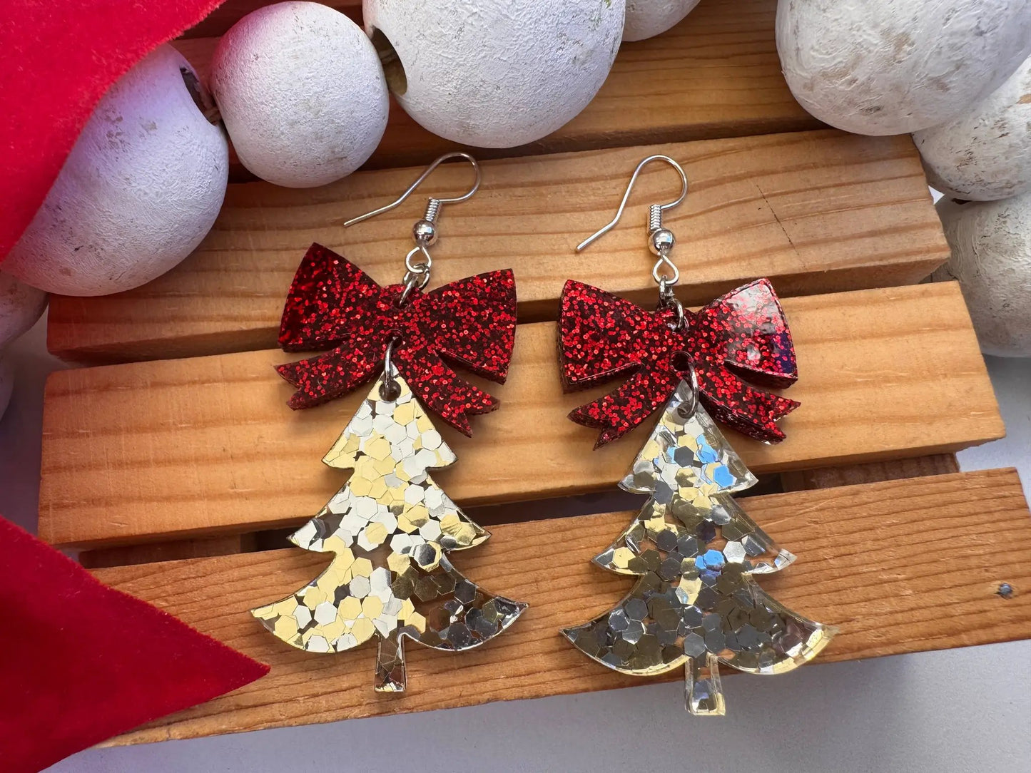 Truly Olive Confetti Glitter Christmas Trees With Red Bow - Earrings Dangle Earrings