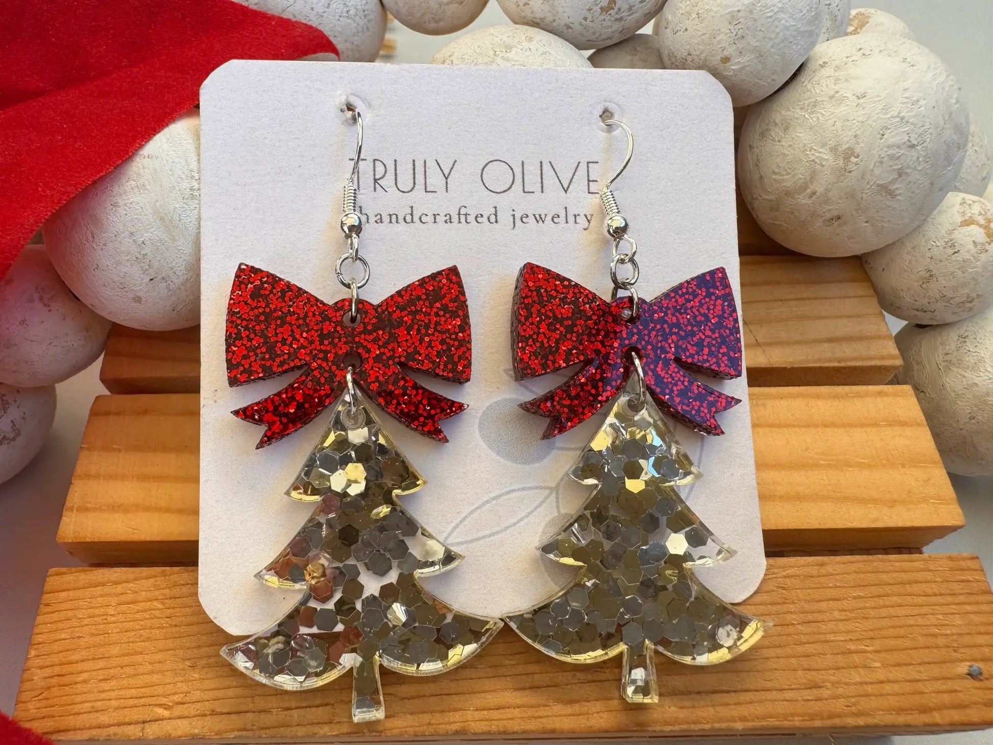Truly Olive Confetti Glitter Christmas Trees With Red Bow - Earrings Dangle Earrings