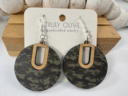 Truly Olive Camouflage Pattern Wood Earrings - Earrings Dangle Earrings