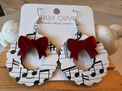 Truly Olive Music Notes Christmas Wreath Earrings - Earrings Dangle Earrings