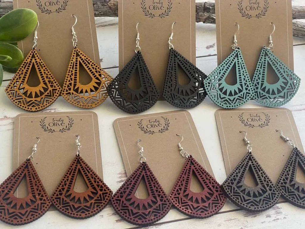 Truly Olive Lightweight Wood Mandala Earrings - Half Bell Shape - Earrings Dangle Earrings