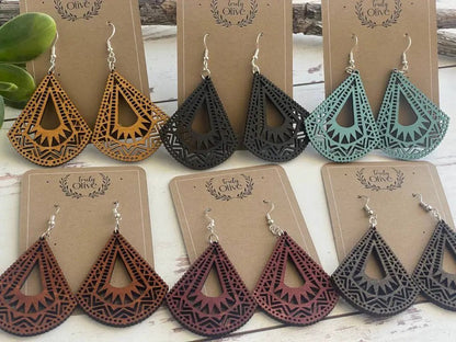 Truly Olive Lightweight Wood Mandala Earrings - Half Bell Shape - Earrings Dangle Earrings