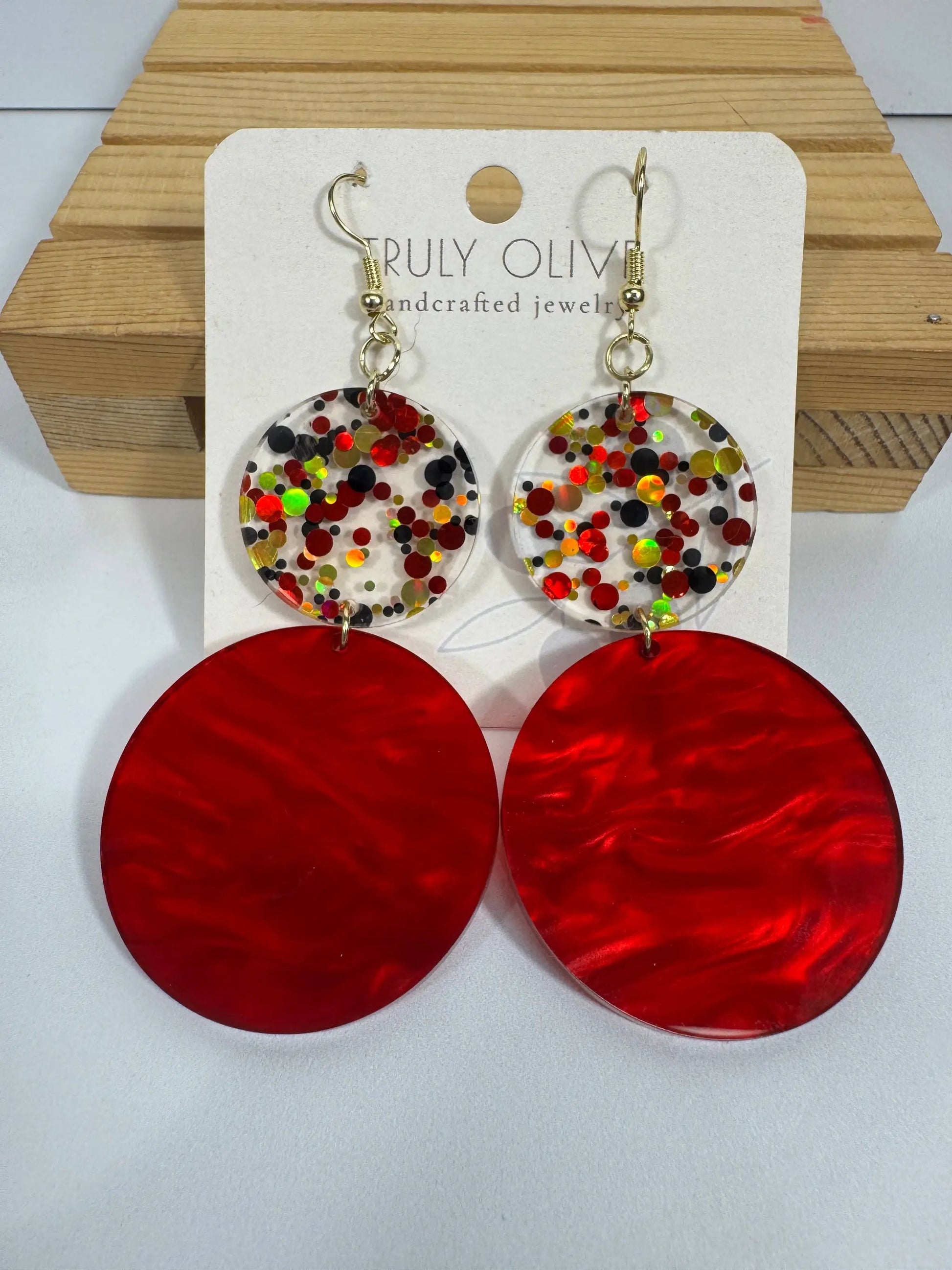 Truly Olive Red and Confetti Acrylic Earrings - Earrings Dangle Earrings