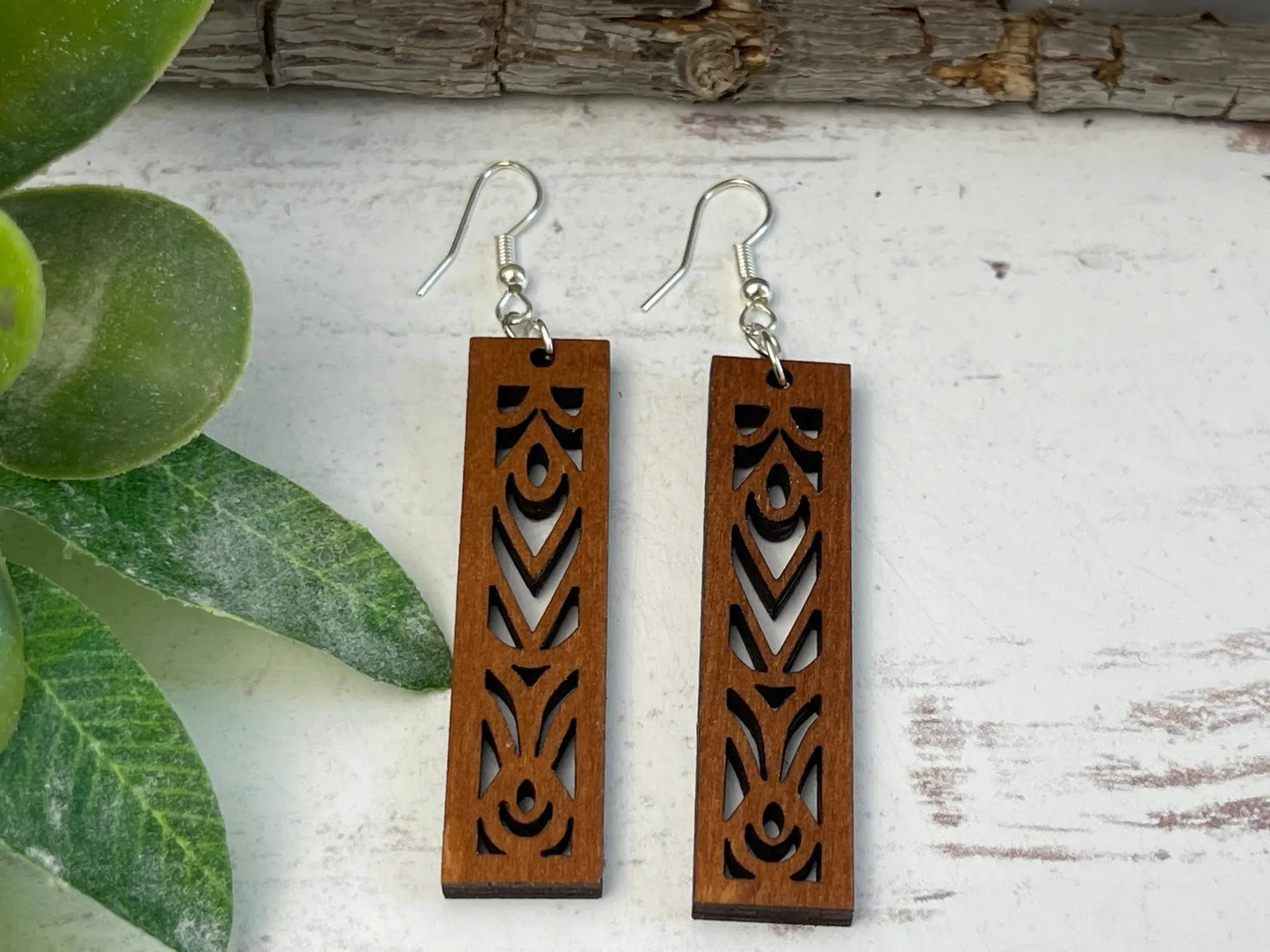 Truly Olive Rectangle Mandala Earrings Lightweight Wood Earrings - Earrings Dangle Earrings