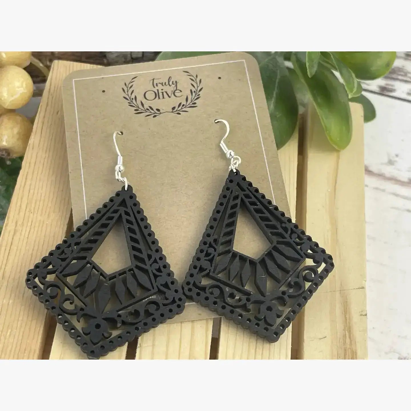 Truly Olive Lightweight Wood Mandala Earrings - Earrings Dangle Earrings